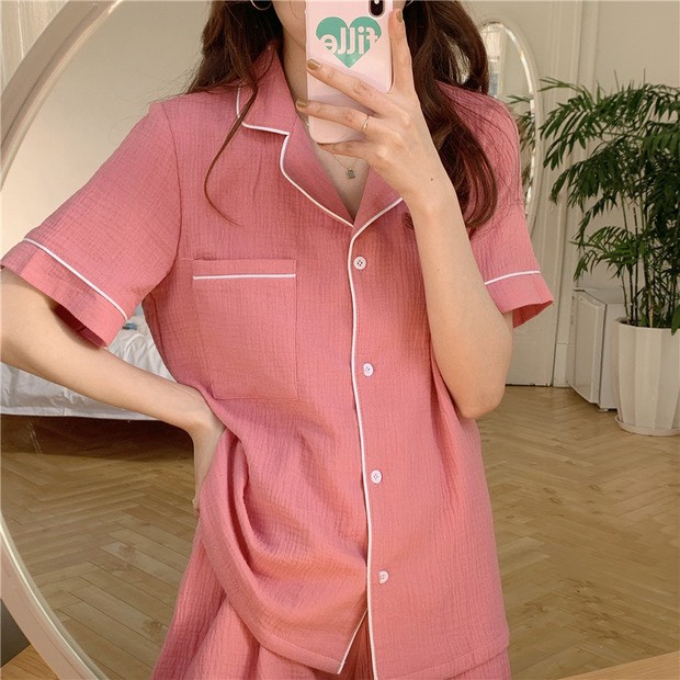 Bộ Ngủ Nữ Cộc Tay Pyjama Đũi Xốp Trơn Màu Cổ Viền
