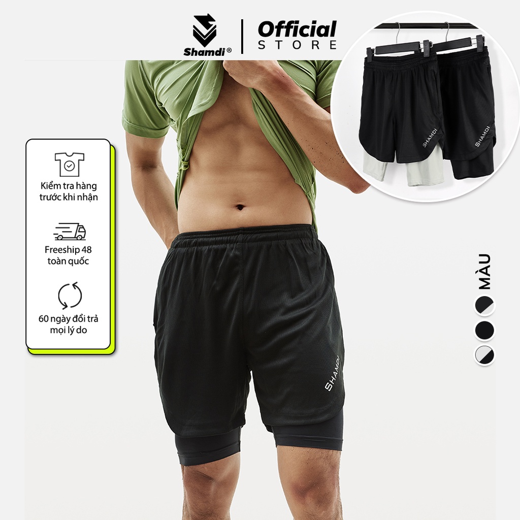 Quần đùi tập gym nam short 2 lớp SHAMDI quần short 2 lớp nam lót legging, thoải mái vận động - 1000