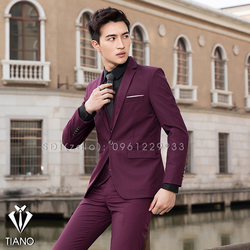 Bộ Vest nam form ôm body 1 cúc màu ĐỎ ĐÔ chất vải dày mịn co giãn nhẹ, form ôm đẹp. Suit Nam Cao Cấp - TIANO STORE
