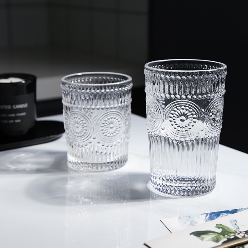 Cốc thủy tinh pha lê trắng chịu nhiệt 280ml-380ml họa tiết trống đồng tinh tế sang trọng