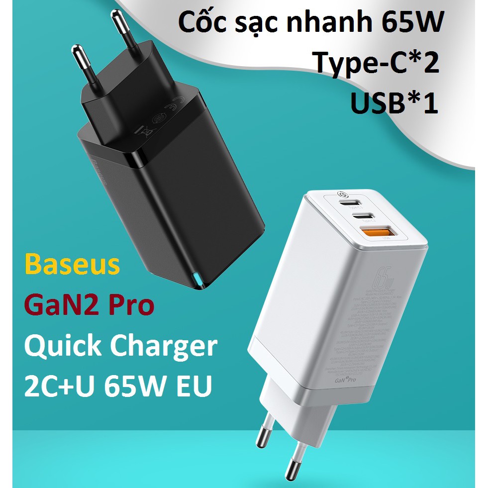 [2type-C +1USB]Cốc sạc nhanh 65W Baseus GaN2 Pro CCGAN65E2