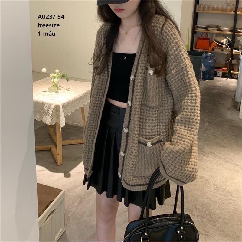 Áo khoác len Cardigan dáng rộng cadigan tổ ong phiên bản Hàn quốc cổ V cài cúc, thiết kế túi 2 bên ngực và sườn chất đẹp