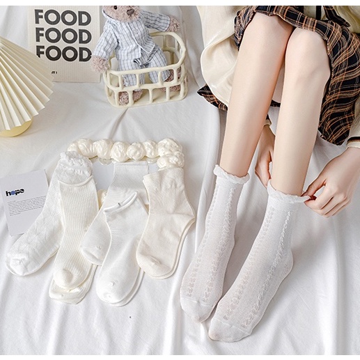 Set 6 đôi tất chân trắng nhún trơn ren bèo cao cổ lolita tiểu thư chất len đẹp nữ Hàn Quốc