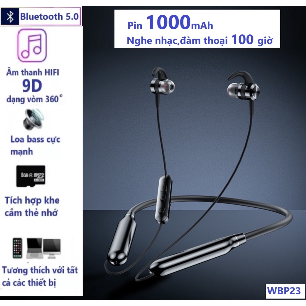 Tai Nghe Bluetooth 5.0 WBP23 Pin 1000mAh, Âm Thanh Hifi - Stereo ,Nghe Nhạc Và Đàm Thoại Liên Tục Từ 80 Giờ Đến 100 Giờ.