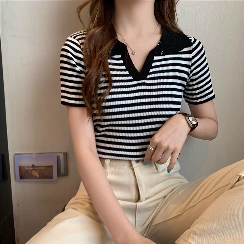 Áo polo croptop dệt kim kẻ ngang nữ kiểu cổ bẻ tay ngắn hàng Quảng Châu cao cấp