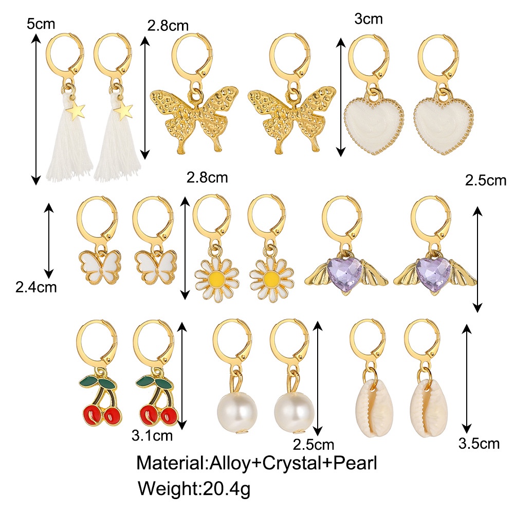 Bộ 9 Cặp Bông Tai Hình Bướm / Trái Tim / Vỏ Sò / Cherry Bằng Kim Loại Màu Vàng Ngọc Trai Thời Trang