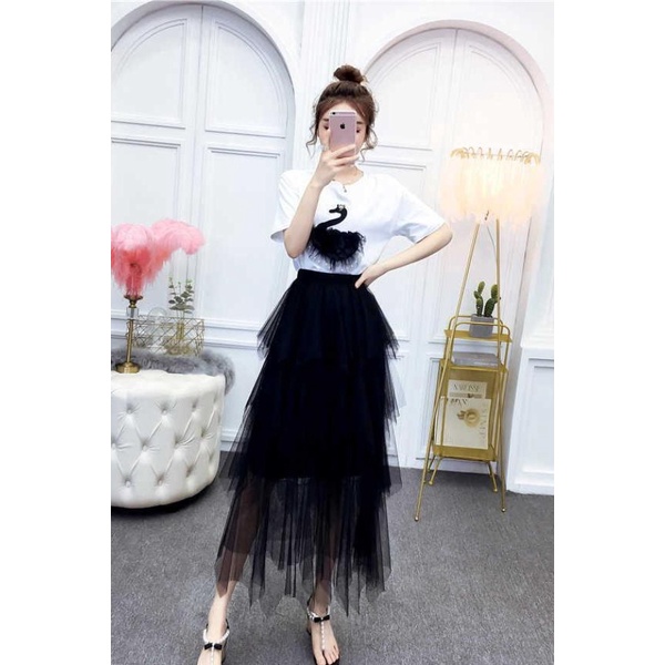 Bộ Áo Thun Ngắn Tay + Chân Váy Lưới Lưng Cao Thời Trang Mùa Hè 2022 Cho Nữ