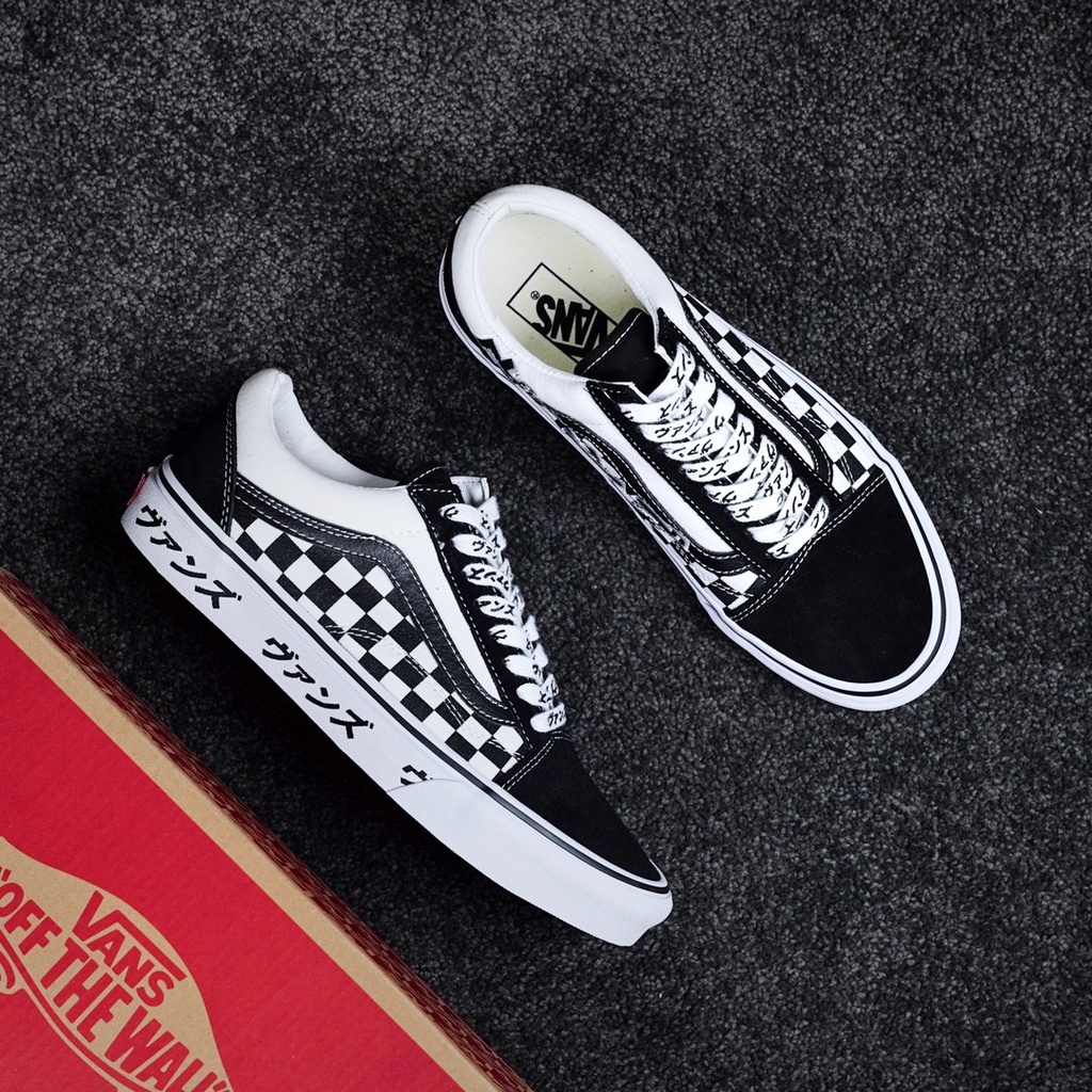 Giày Thể Thao Vans Old Skool Vải Canvas Cổ Thấp Họa Tiết Sọc Caro Trắng Đen Phong Cách Nhật Bản
