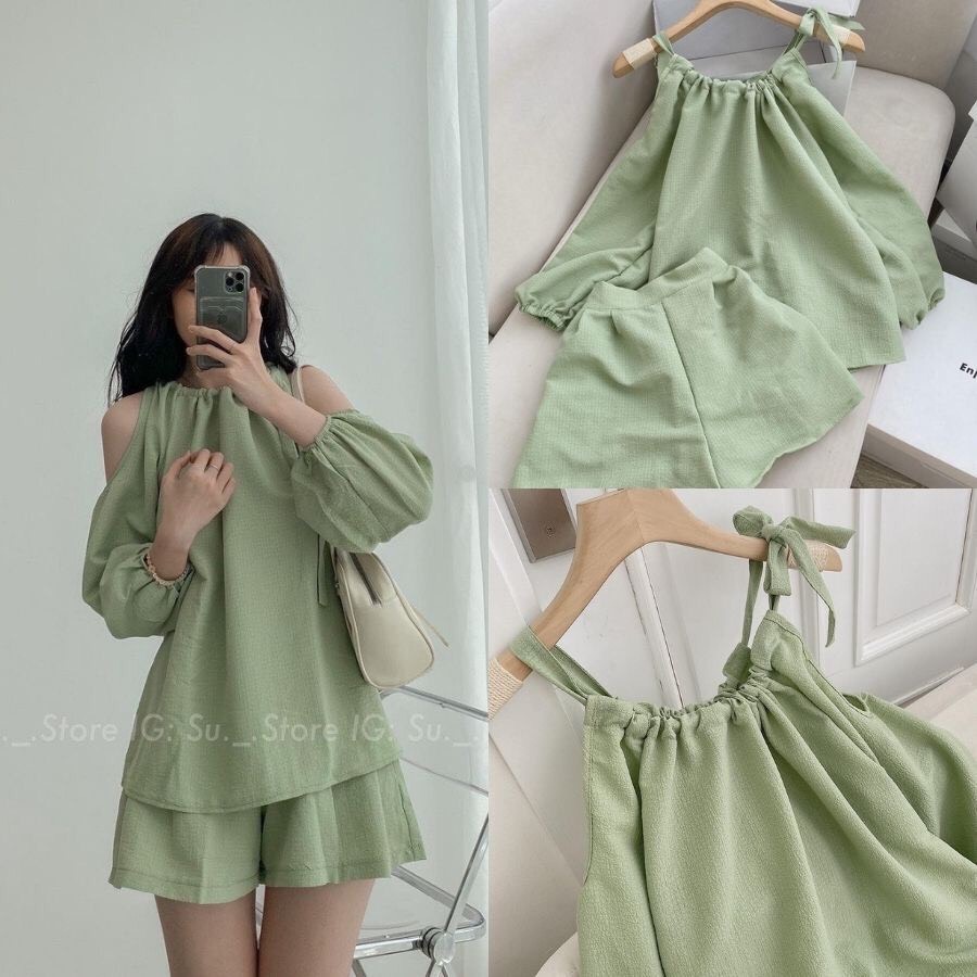 Set áo dài tay đũi hở vai thắt nơ phối quần short cạp chun be xanh mint đi biển đi chơi siêu xinh