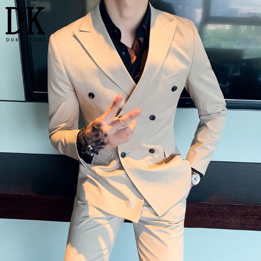Bộ vest nam 6 nút Hàn Quốc màu kem xước sang trọng DKE0052 - DUKI STORE