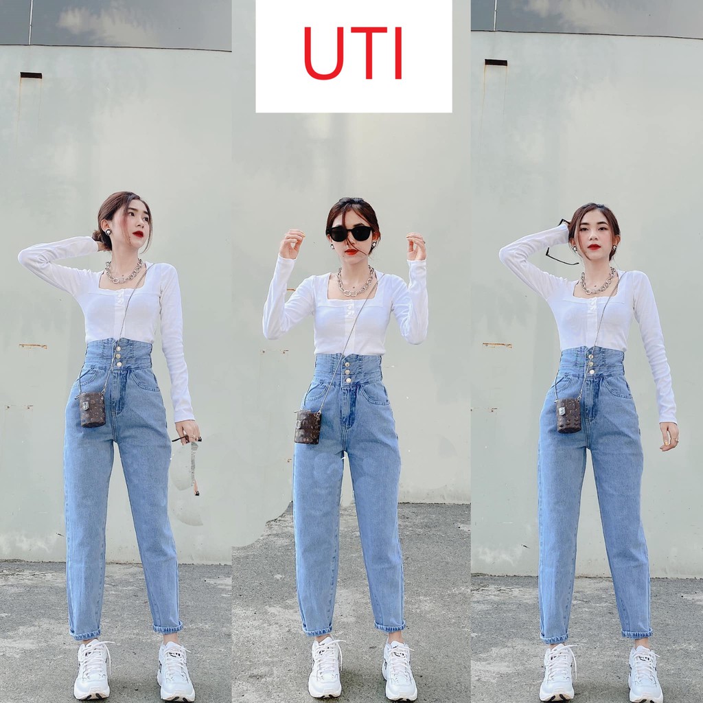 [ LẠNH LÙNG ] QUẦN BAGGY JEAN NỮ LƯNG CAO MÀU XANH NHẠT 3 NÚT VẠT CHÉO SAU CAO CẤP UTI ĐỦ SIZE SIÊU XỊN SÒ-TM202