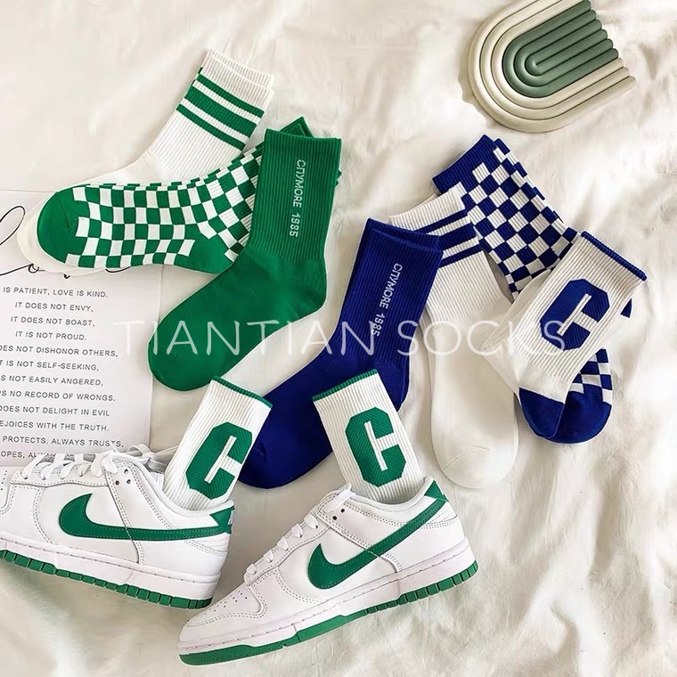 TIAN TIAN T166 Vớ Cotton Trơn Cổ Vừa In Caro Màu Xanh Dương Thời Trang Xuân Thu Dễ Phối Đồ Phong Cách Thể Thao Ngoài Trời Dành Cho Bạn Nữ