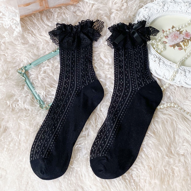 Xixi Vớ cotton Lưới Cổ Thuyền Họa Tiết Chấm Bi Thắt Nơ Phối Ren Gợn Sóng Phong Cách harajuku Nhật Bản Cho Nữ