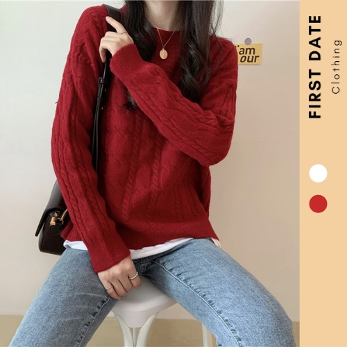 Áo len đỏ xoắc nữ cổ tròn áo sweater thu đông phong cách Hàn Quốc dệt kim giáng sinh