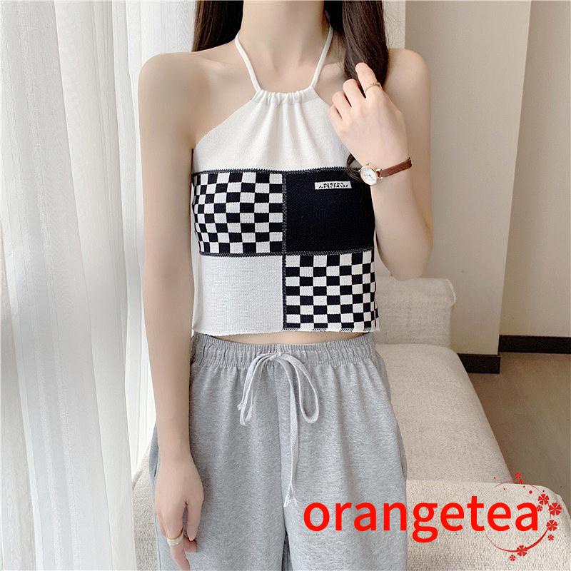 Ort-áo Hai Dây Hở Lưng Ghép Vải Kẻ Sọc Ca Rô Phong Cách Mùa Hè Giản Dị Cho Nữ