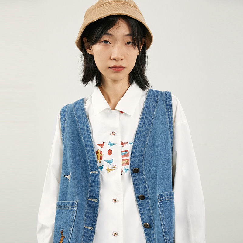 Áo Khoác Denim Sát Nách Dáng Rộng Thêu Họa Tiết Phong Cách Retro Cho Nữ | BigBuy360 - bigbuy360.vn