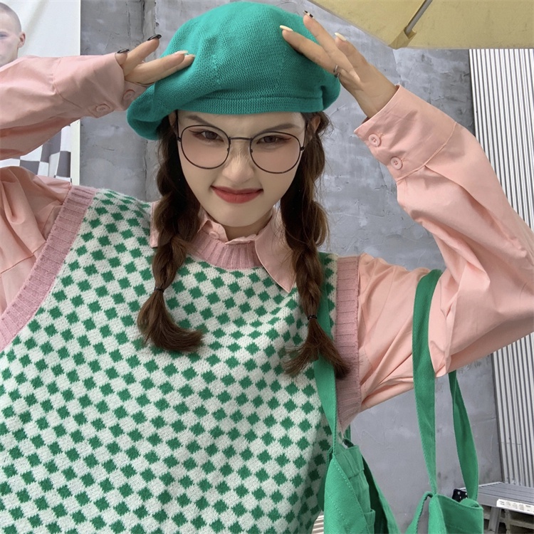 Áo len không tay họa tiết sọc caro phong cách Hàn quốc