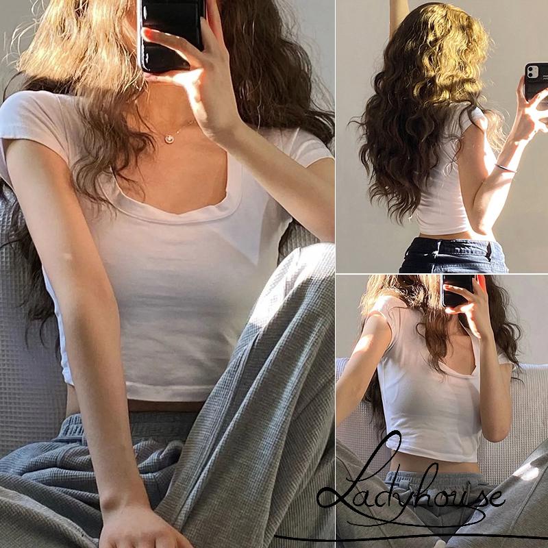 Áo Crop Top Tay Ngắn Cổ Chữ U Màu Trơn Thời Trang Đường Phố Dành Cho Nữ