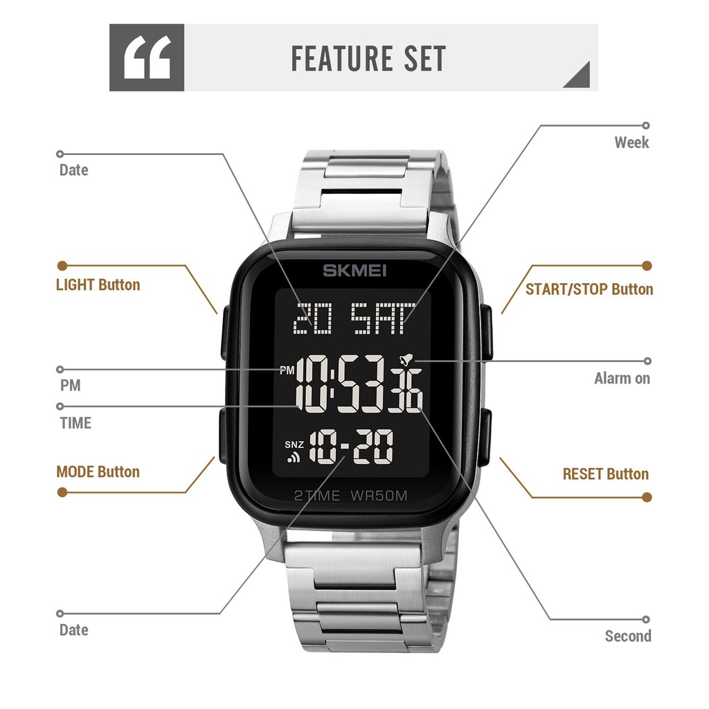Đồng Hồ Điện Tử SKMEI 1859 Thiết Kế Mặt Vuông Tráng Gương Chống Thấm Nước Có Đèn Led Dành Cho Nam