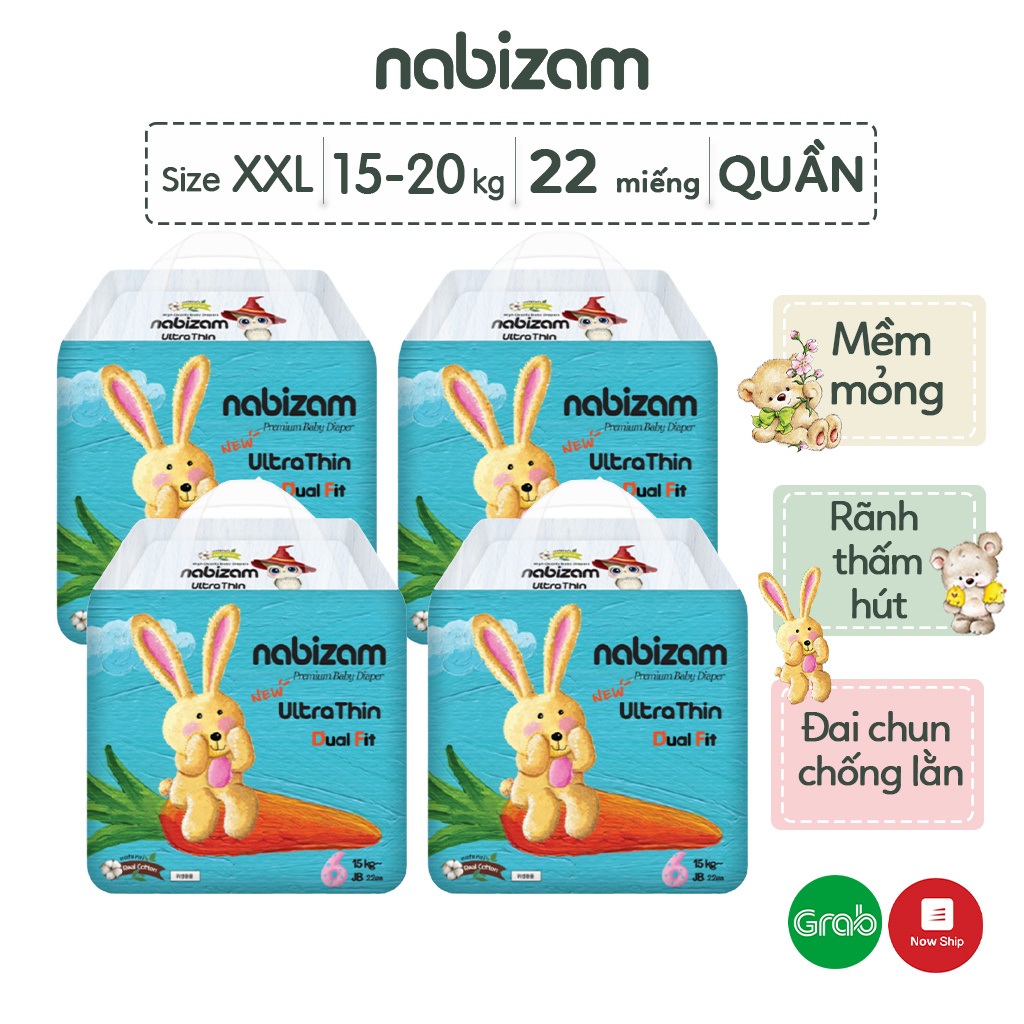 COMBO 4 Bịch Tã/Bỉm Quần NABIZAM Ultra Thin Nội Địa Hàn Mỏng Vượt Trội, Thấm Hút Nhanh Size 2XL22 Cho Bé Từ 15-20kg