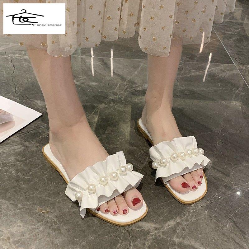 Dép Sandal Đế Bằng Quai Ren Đính Ngọc Trai Thời Trang