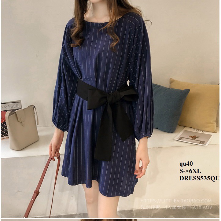DRESS435 ĐẦM SỌC SUÔNG PHỐI NƠ ĐEN RỜI