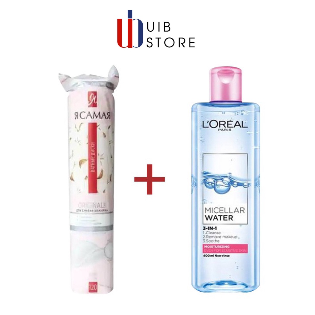 Combo bông tẩy trang nga và tẩy trang loreal Dưỡng Ẩm 3-in-1 Micellar Water