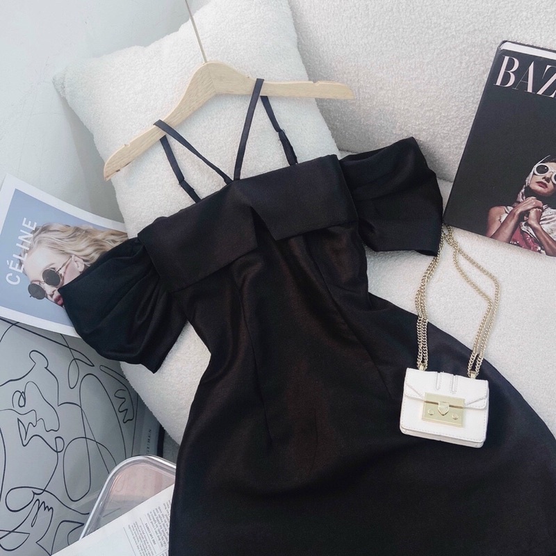 ĐẦM DỰ TIỆC ĐEN RỚT TAY NHÚN XẾP DÂY YẾM GẤM XƯỚC