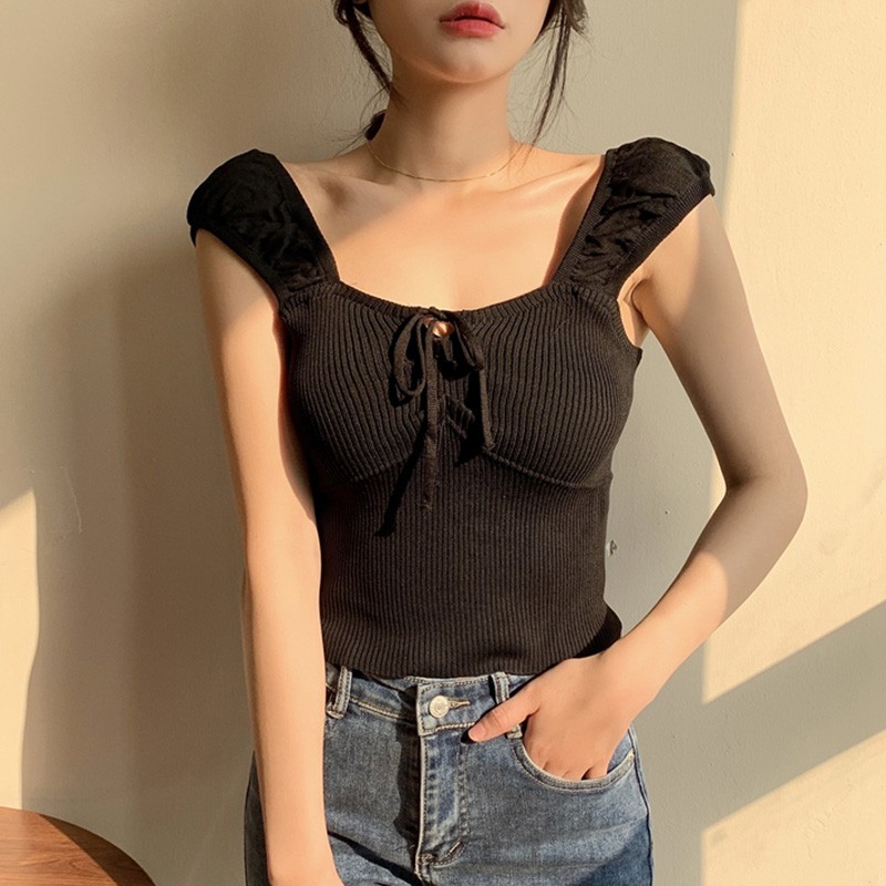 Áo Dệt Kim Trễ Vai Ngắn Tay Co Dãn Cho Nữ