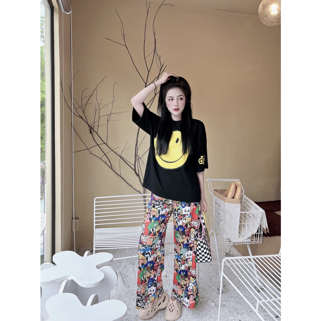 Bộ Đồ Nữ In Mặt Cười Phong Cách Hàn Quốc Cá Tính Đi Chơi Dạo Phố - HN017
