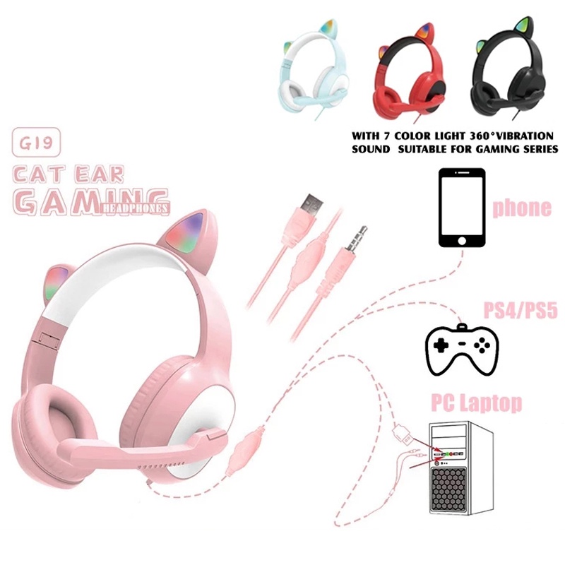 Tai Nghe Có Dây Hình Tai Mèo Dễ Thương Có Đèn LED Và Mic Điều Khiển Được Làm Quà Tặng Cho Bé Gái