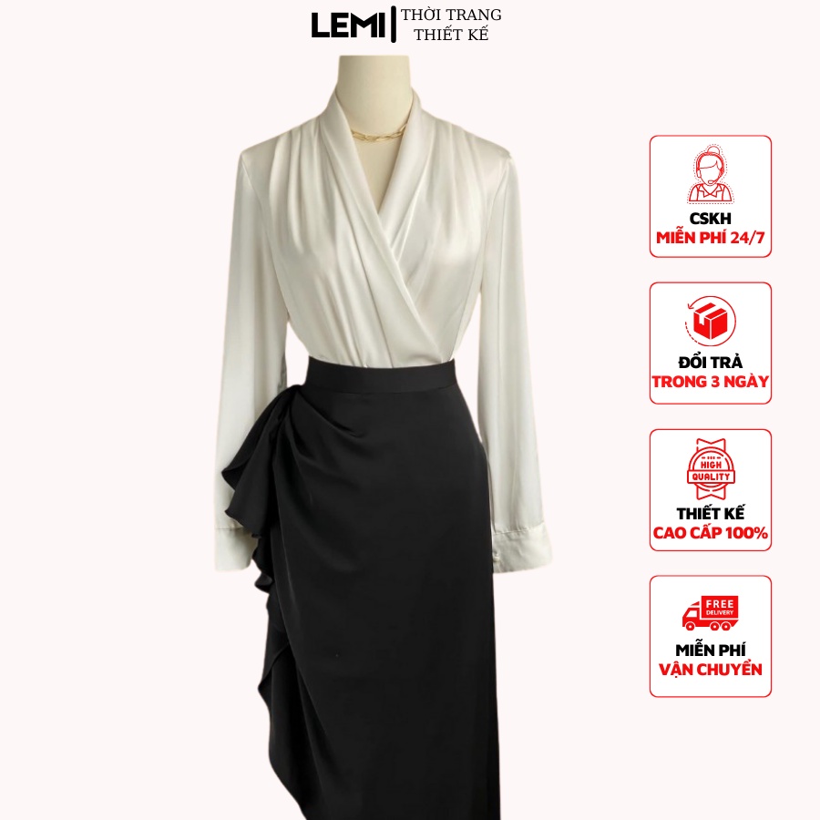 Set đồ nữ sang chảnh chất liệu lụa cao cấp, Áo đắp chéo chân váy xẻ tà bên hông đính nơ, Thời trang thiết kế size SM