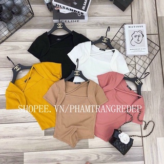 Áo thun nữ cổ vuông phối dây chéo cổ, áo phông cổ U vạt bầu chất co dãn