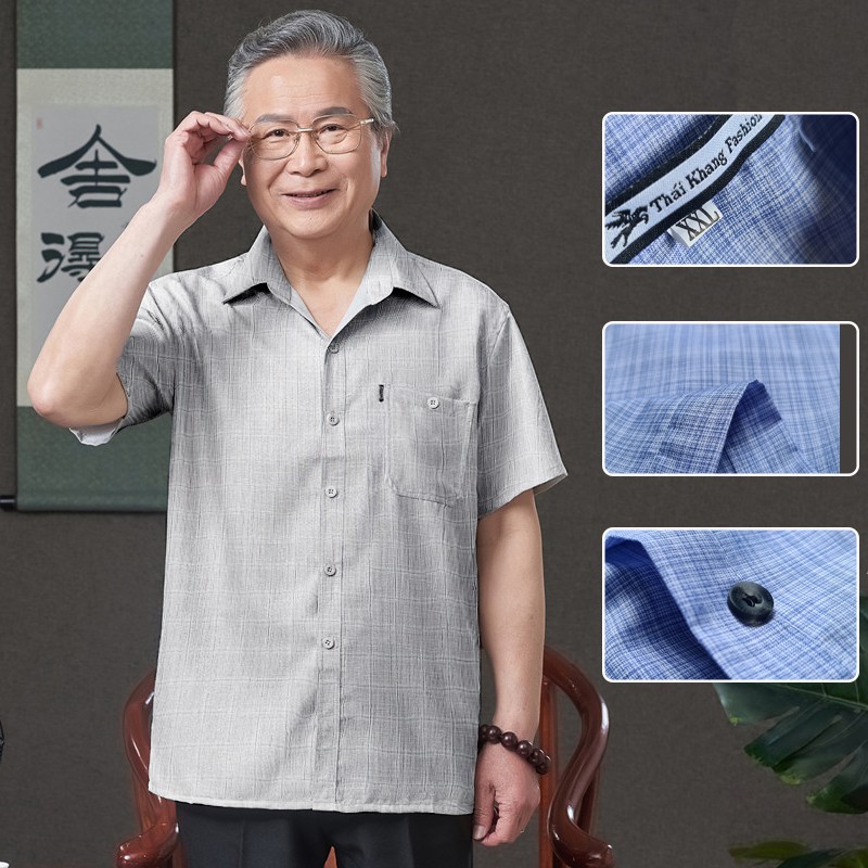 Áo sơ mi trung niên ngắn tay vải đũi caro mềm siêu mát loại áo sơ mi ngắn tay nam form rộng phù hợp người lớn tuổi OG54
