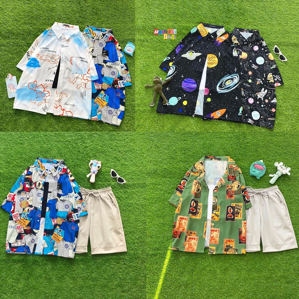 Áo Sơ Mi Họa Tiết Đi Biển Hoạt Hình Tay Lỡ Dáng Rộng Ulzzang Unisex - MM