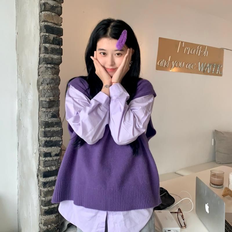 Set Áo Gile Len Cổ V Trơn Màu Tím Kèm Áo Sơ Mi 💓