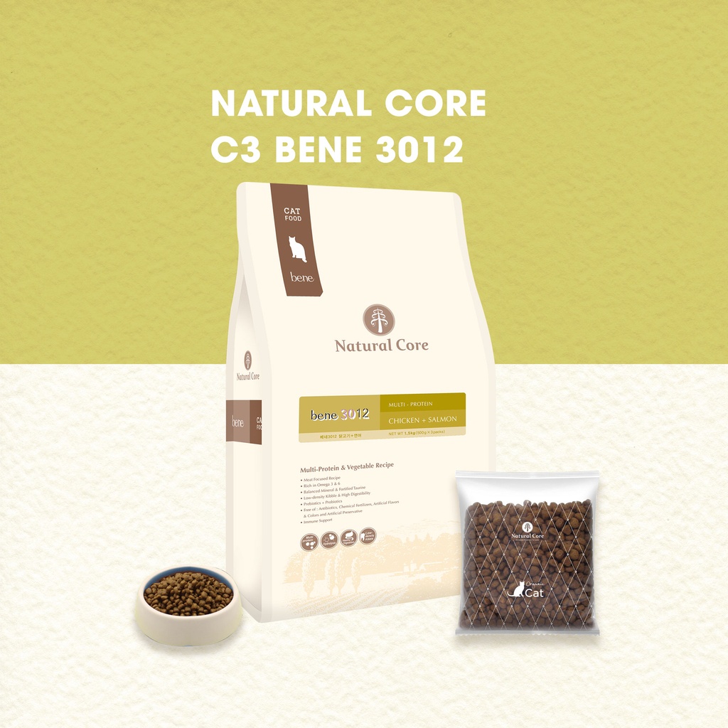 [500gr] hạt Natural Core C3 Bene 3012 vị Thịt Gà &amp; Cá Hồi cho mèo mọi giai đoạn tuổi