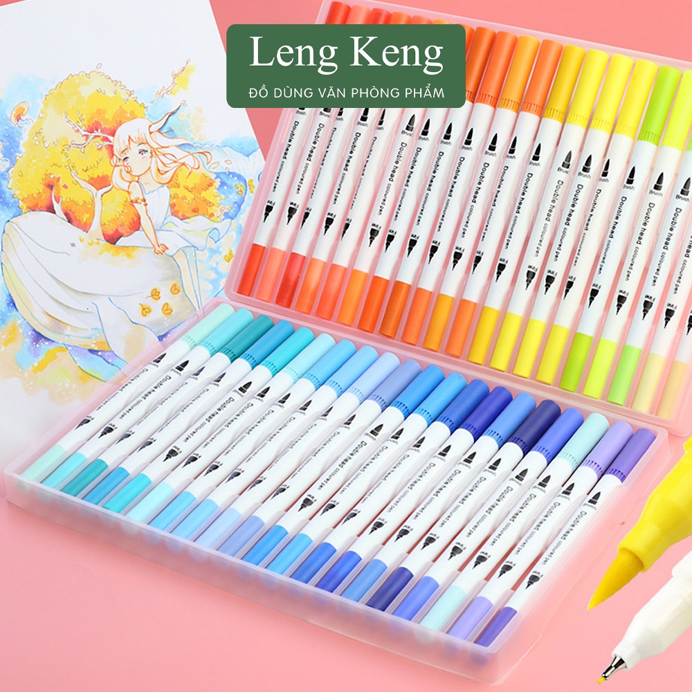 Bút brush dạ bộ 12 màu 2 đầu viết calligraphy văn phòng phẩm Leng Keng B48 + B24