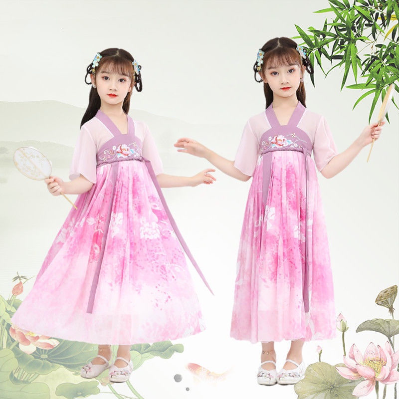 Đầm Hán Phục Tay Ngắn Phong Cách Trung Hoa Cổ Điển Chất Liệu Chiffon Thời Trang Mùa Hè Cho Bé Gái