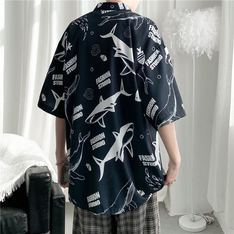 Short Sleeve Shirt With Cartoon Shark Print Korean Style Summer Fashion For Men 2022