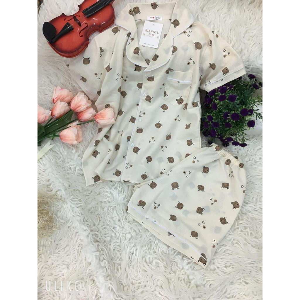 Đồ bộ mặc nhà, Pijama tay ngắn quần dài, quần ngắn cổ Vest xốp đũi hàn Freesize 40-60kg