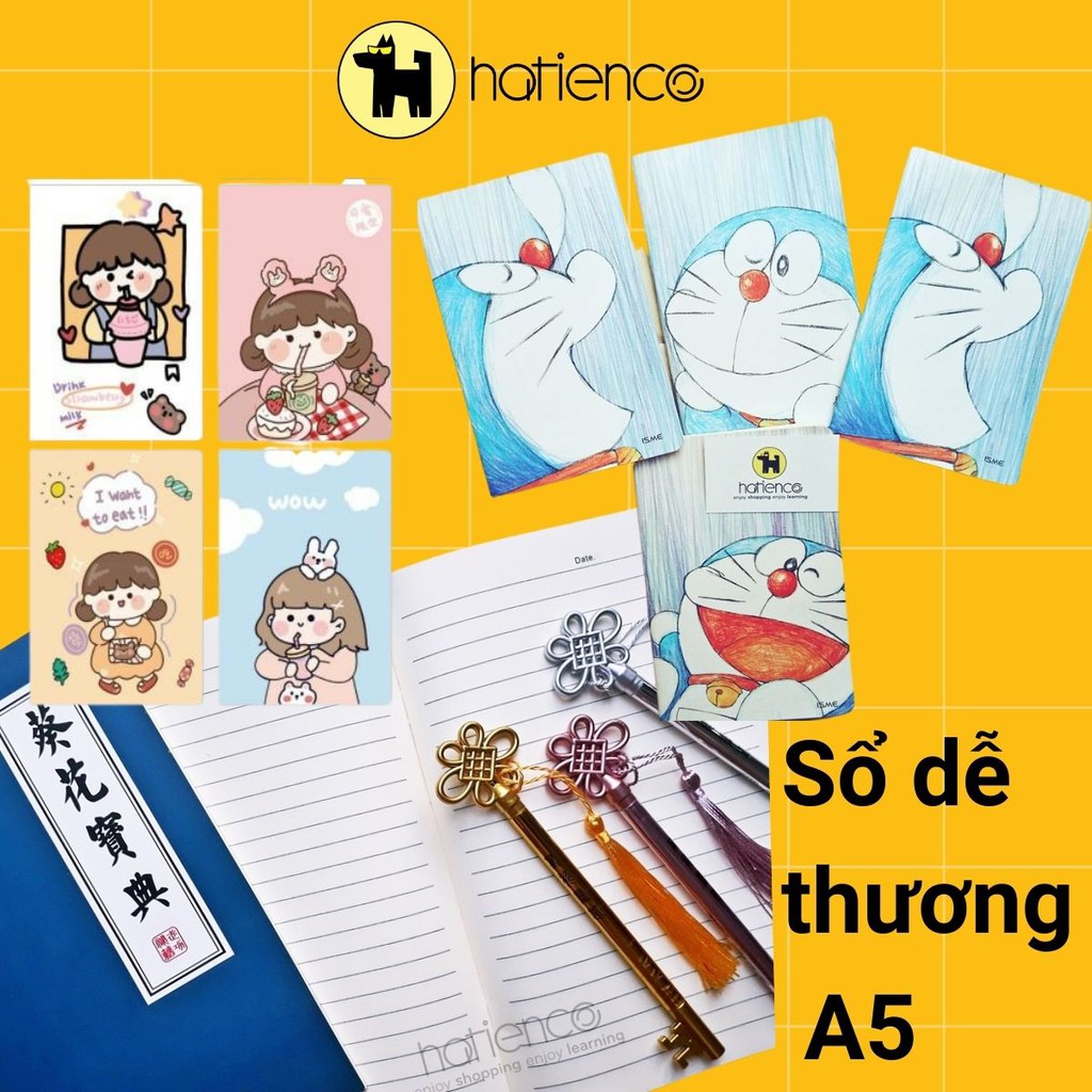 Sổ A5 bìa dễ thương , giấy chống lóa kẻ hàng ngang hình doreamon, bông cúc, bơ, thỏ, gấu