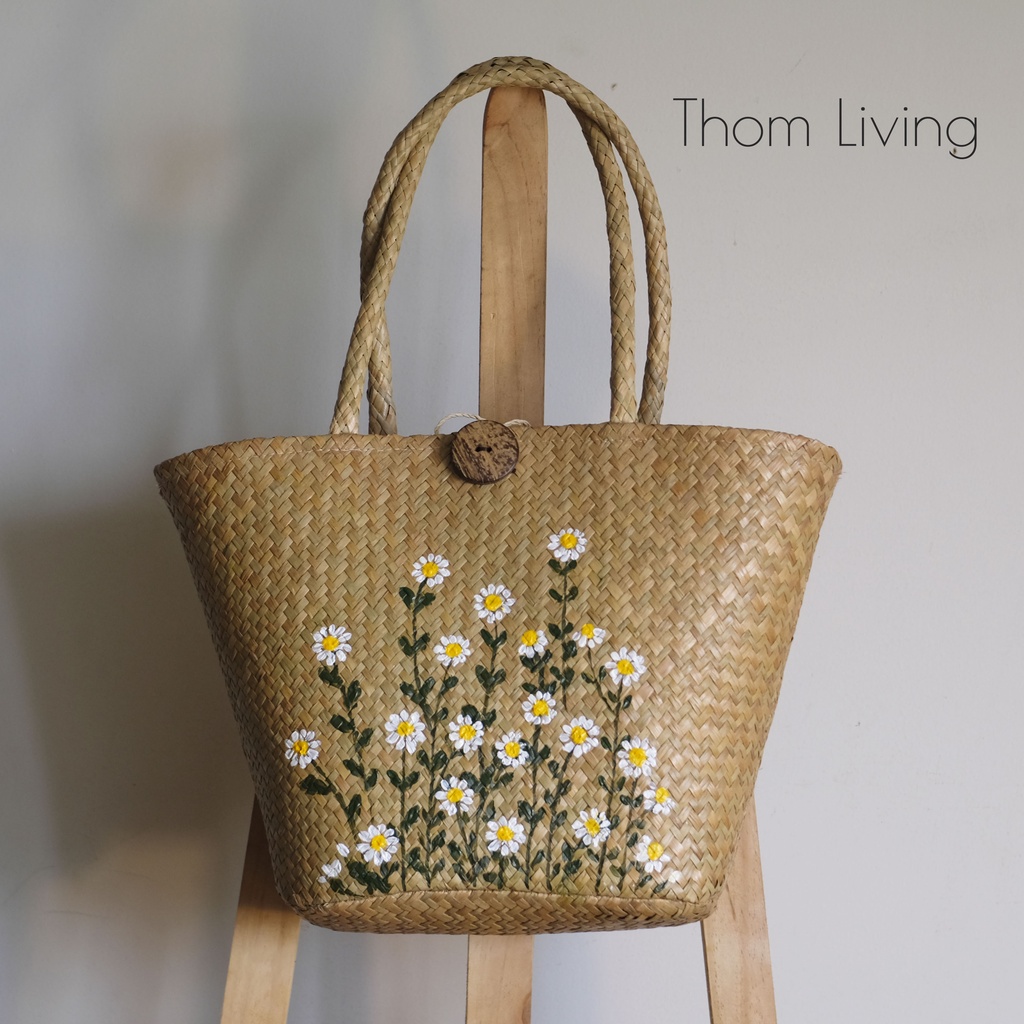 Giỏ xách cỏ bàng dáng oval size trung vẽ hoa sen