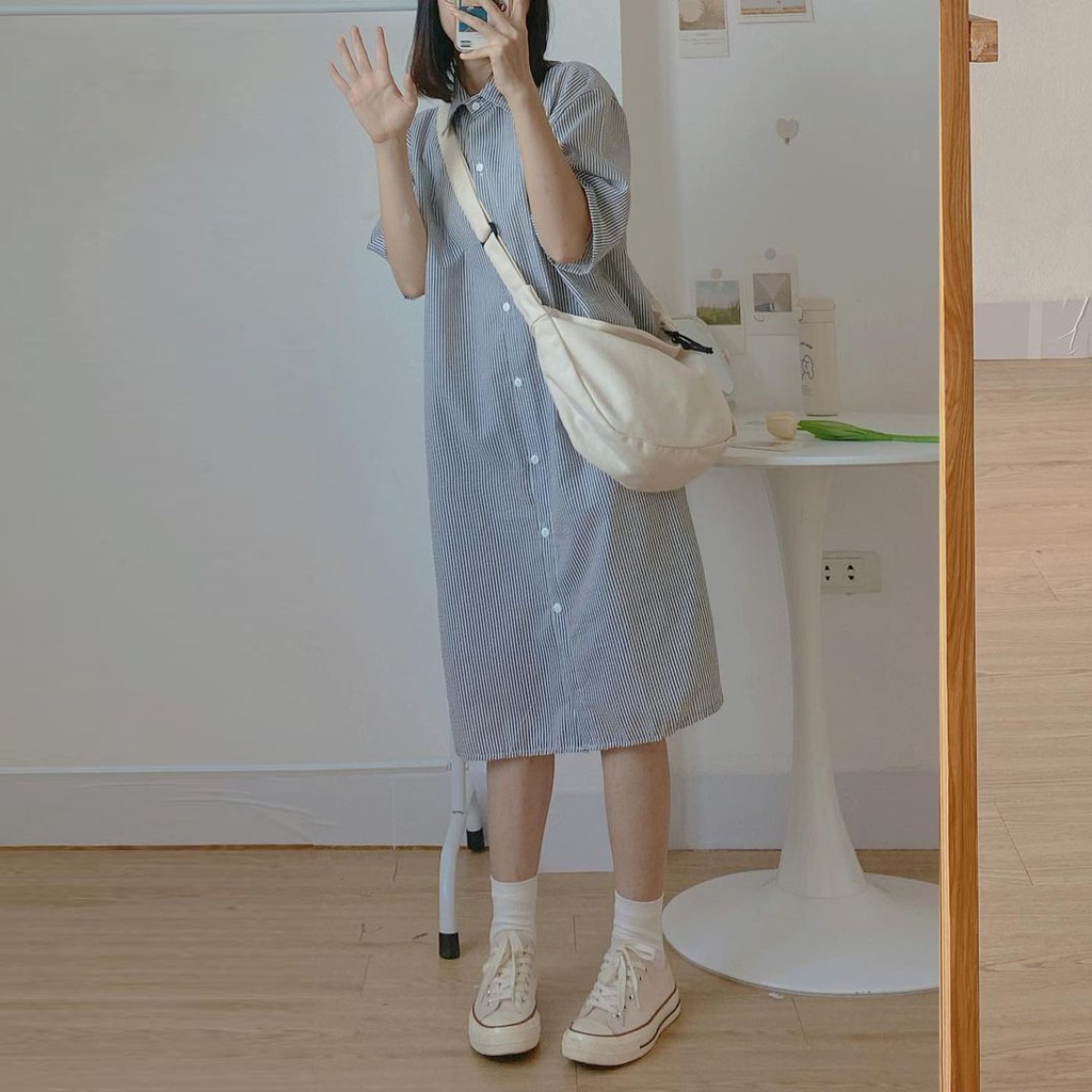 Váy Sơ Mi Họa Tiết Kẻ Sọc Xẻ Tà - Váy Form Suông - Titto Closet | BigBuy360 - bigbuy360.vn
