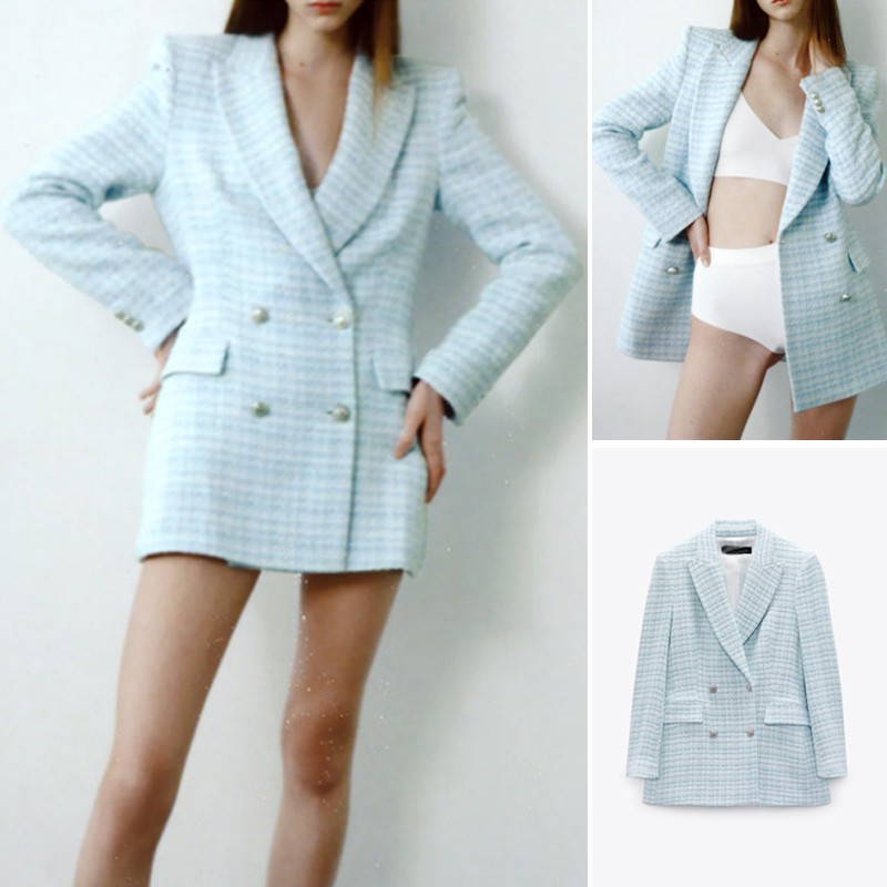 ÁO KHOÁC BLAZER VẢI DỆT HỌA TIẾT CA RÔ MÀU XANH - 2818/156