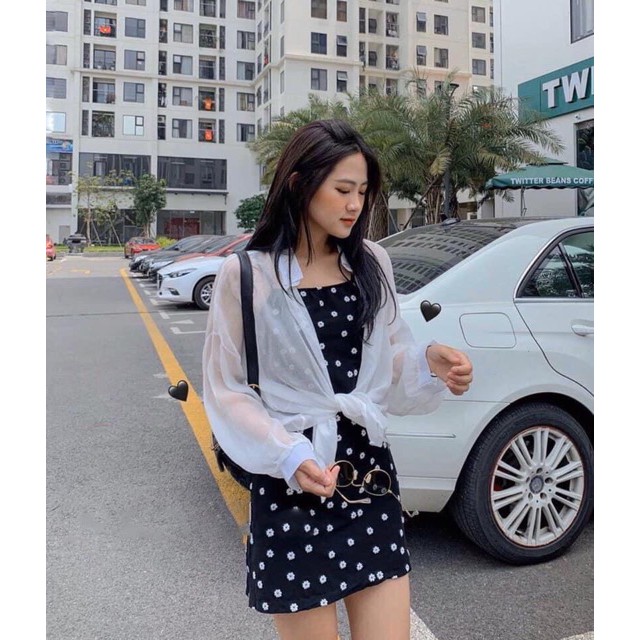 Đầm nữ kèm áo voan ⚡FREESHIP⚡ set đầm dáng ôm hoa cúc kèm áo khoác ngoài siêu xinh cho bạn nữ tự tin