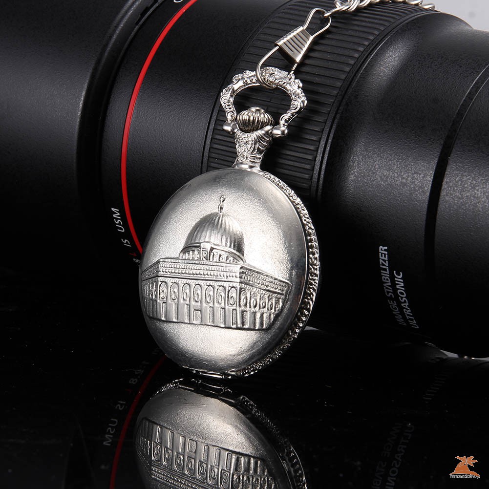 #Đồng hồ bỏ túi# 1pc Men Women Quartz Pocket Watch Silver Castle Pattern Carved Case with Chain