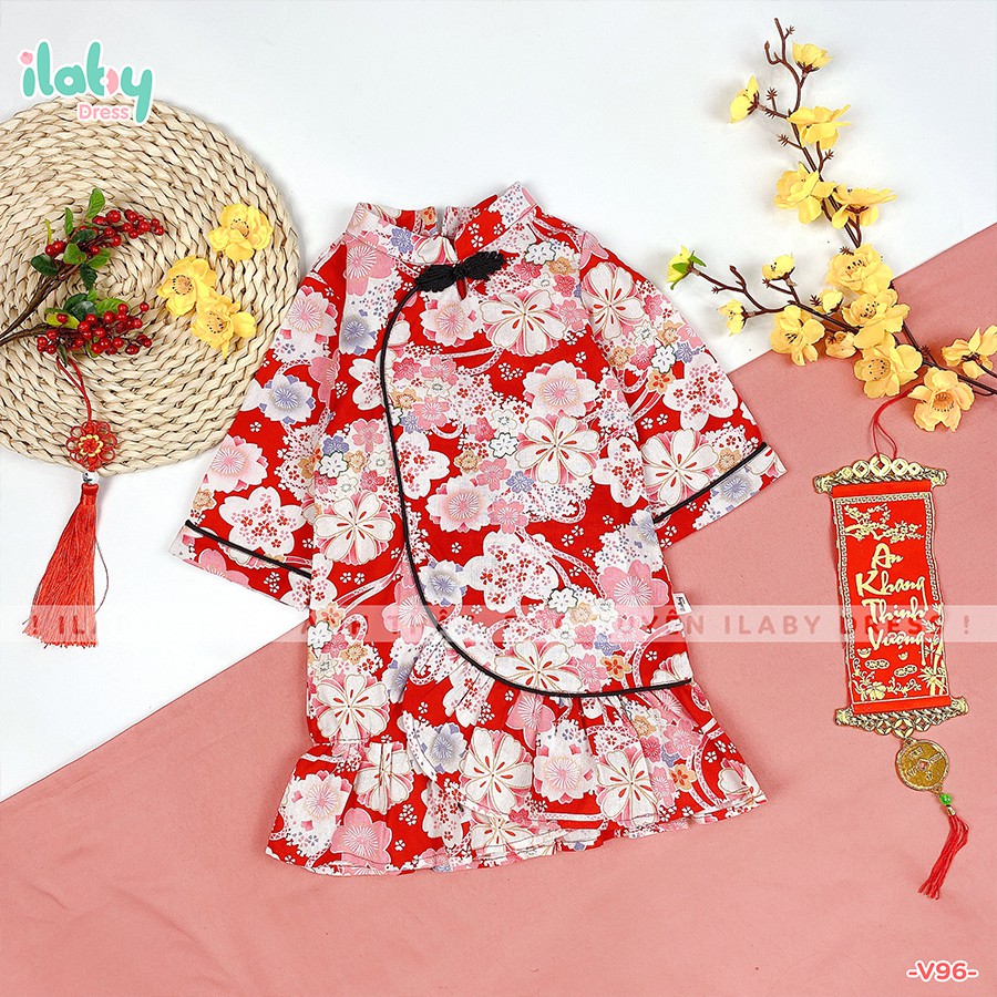 Váy sườn xám cho bé gái ILABY cách tân hiện đại chất thô cotton mềm mịn thoáng mát họa tiết hoa màu hồng, nhũ [V96]