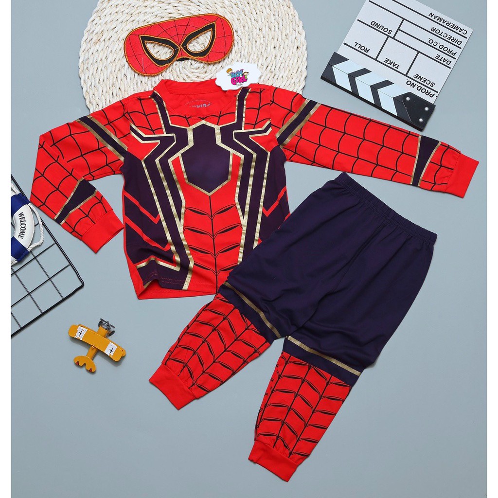 Bộ quần áo siêu nhân Người Nhện Spider-Man dài tay in nhũ vàng- tặng mặt nạ