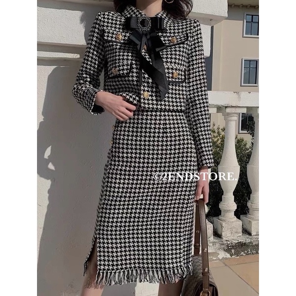 2END Set dạ tweed nữ chân váy dài